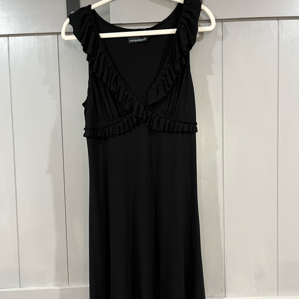 Cynthia Rowley Black Ruffled V-Neck Jersey Knit A-Line Midi Dress Ruffled Hem L